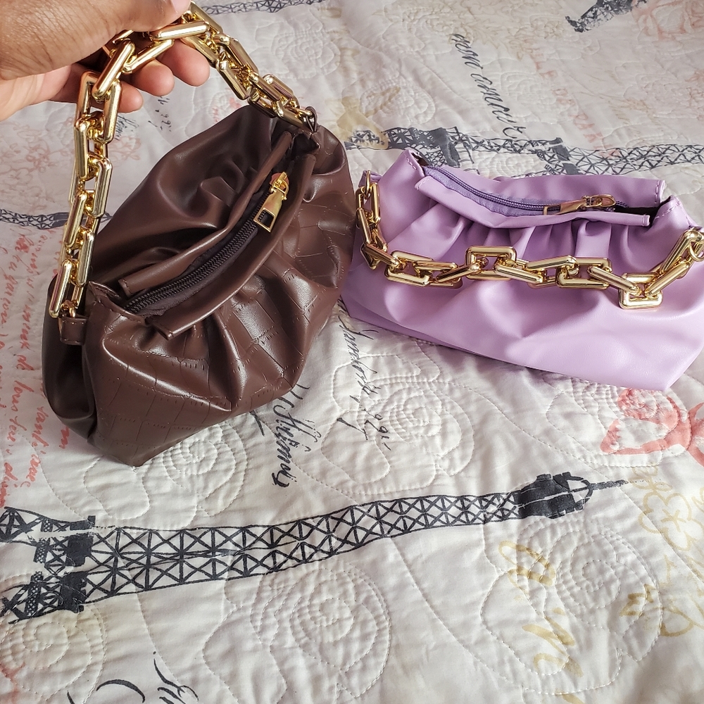 2 Purple and Brown Croc Embossed chain ruched bags